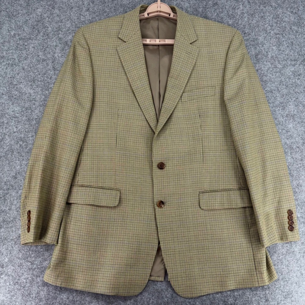 Lauren Ralph Lauren Mens 44L Silk Wool Houndstooth Blazer Sport Coat Tan Brown